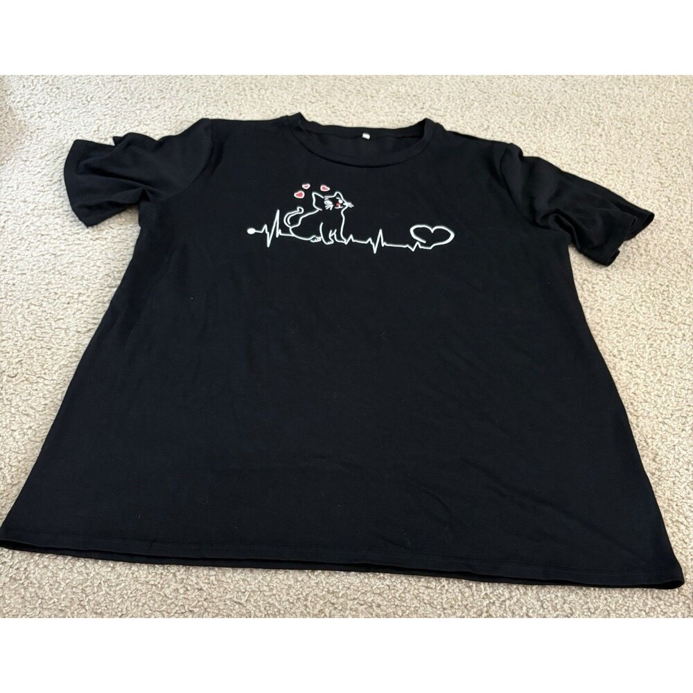 Black Cat Heartbeat Graphic T-Shirt Women’s Plus Size 2XL Cat Lover Short Sleeve - Picture 1 of 4